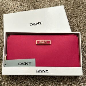 NWT DKNY Pink zip around Saffiano leather long wallet